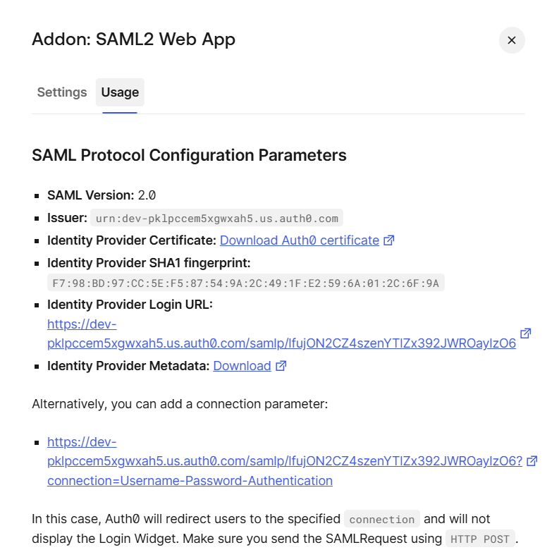 SAML2 Web App addon settings