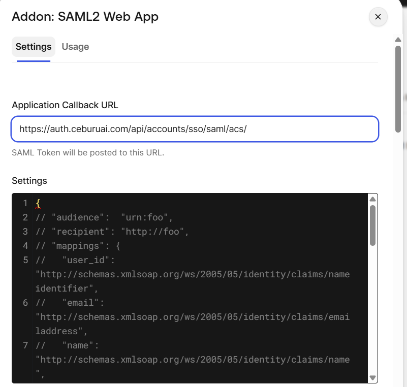 Application Callback URL set to the Ceburu ACS URL