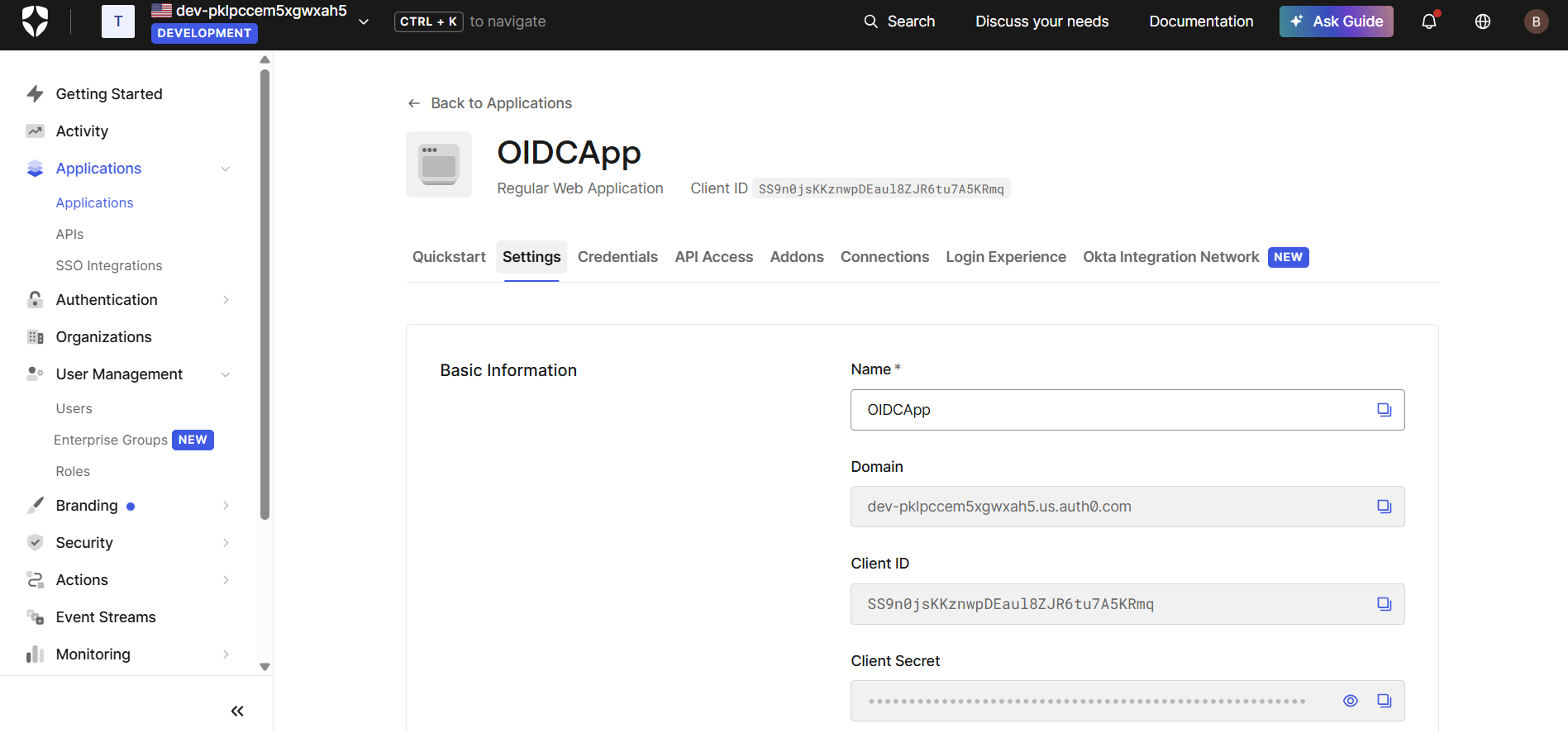 Auth0 application settings