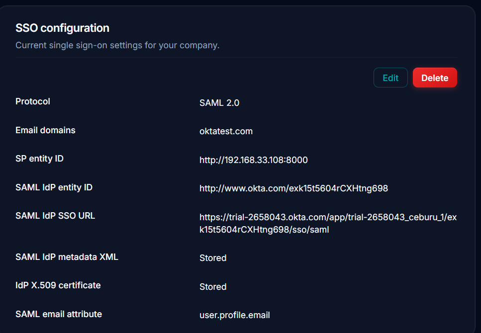 Ceburu SAML configuration for an Okta connection