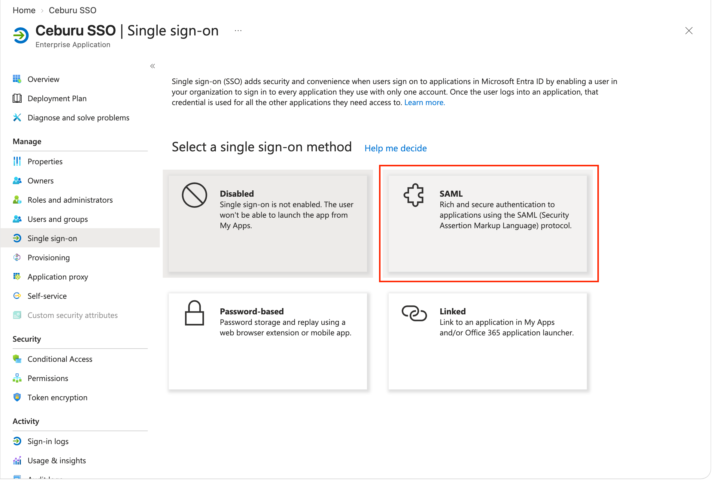 Entra ID SAML overview page