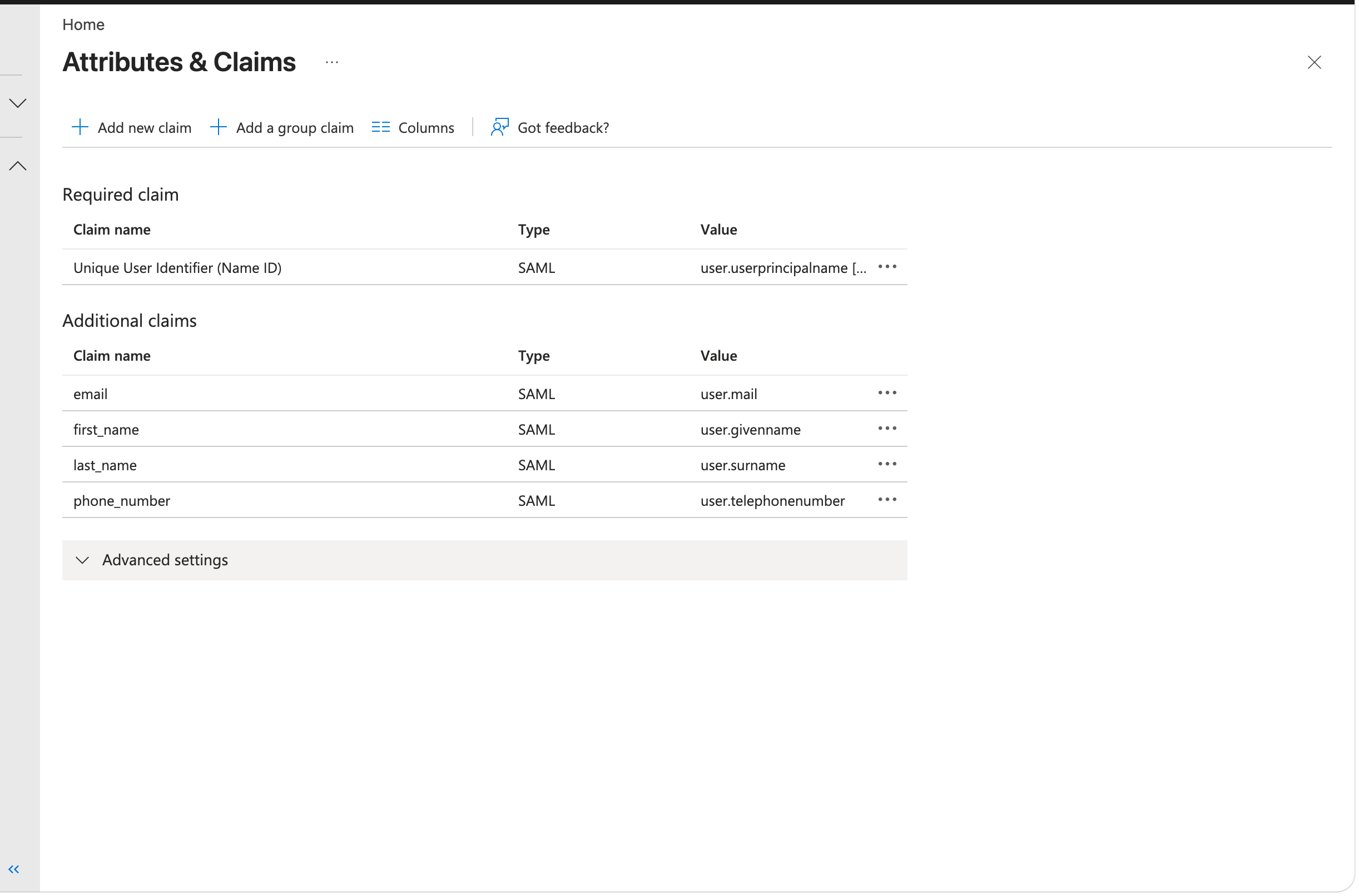 Entra ID attributes and claims