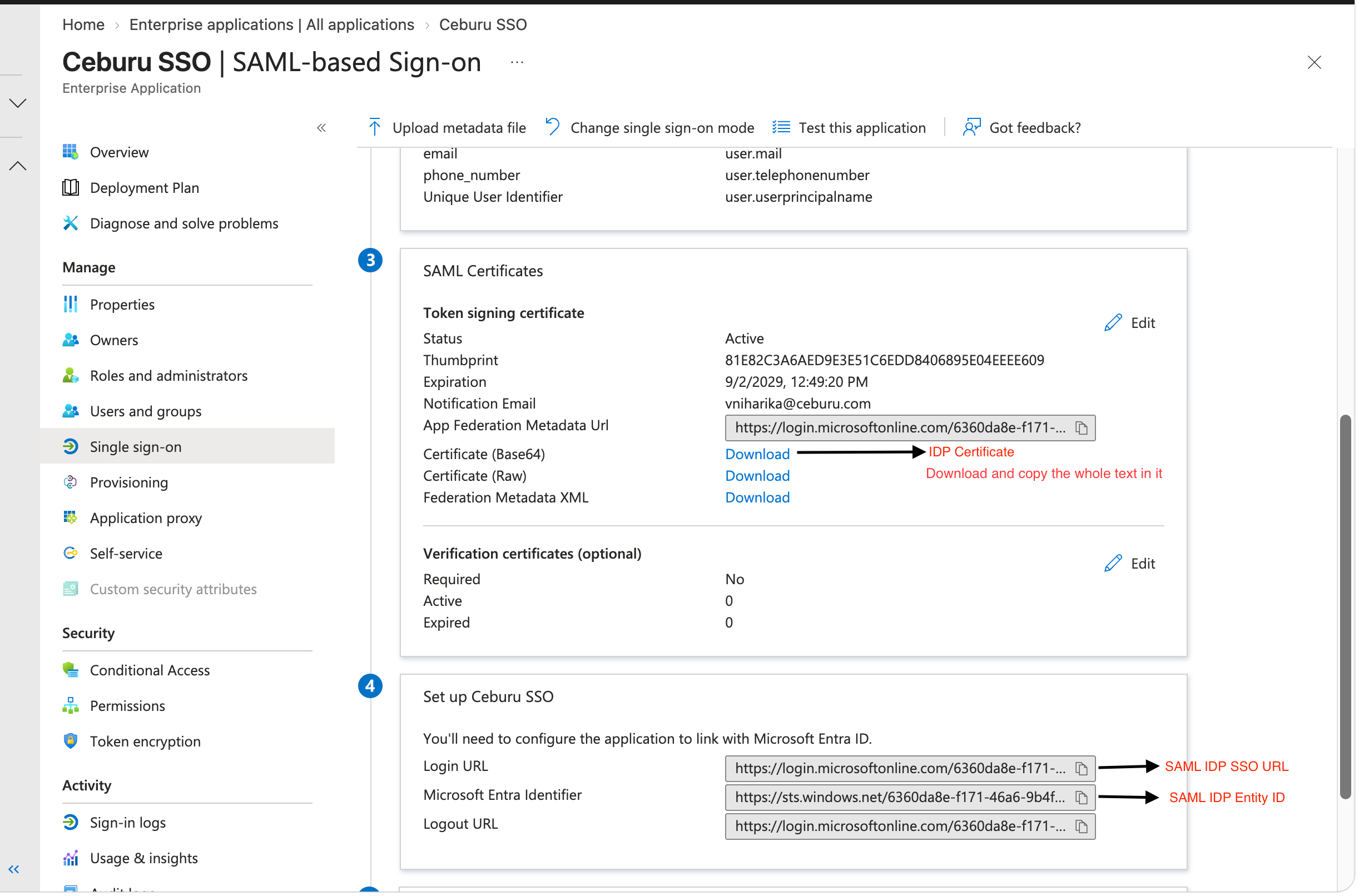 Entra ID SAML certificates and set-up values