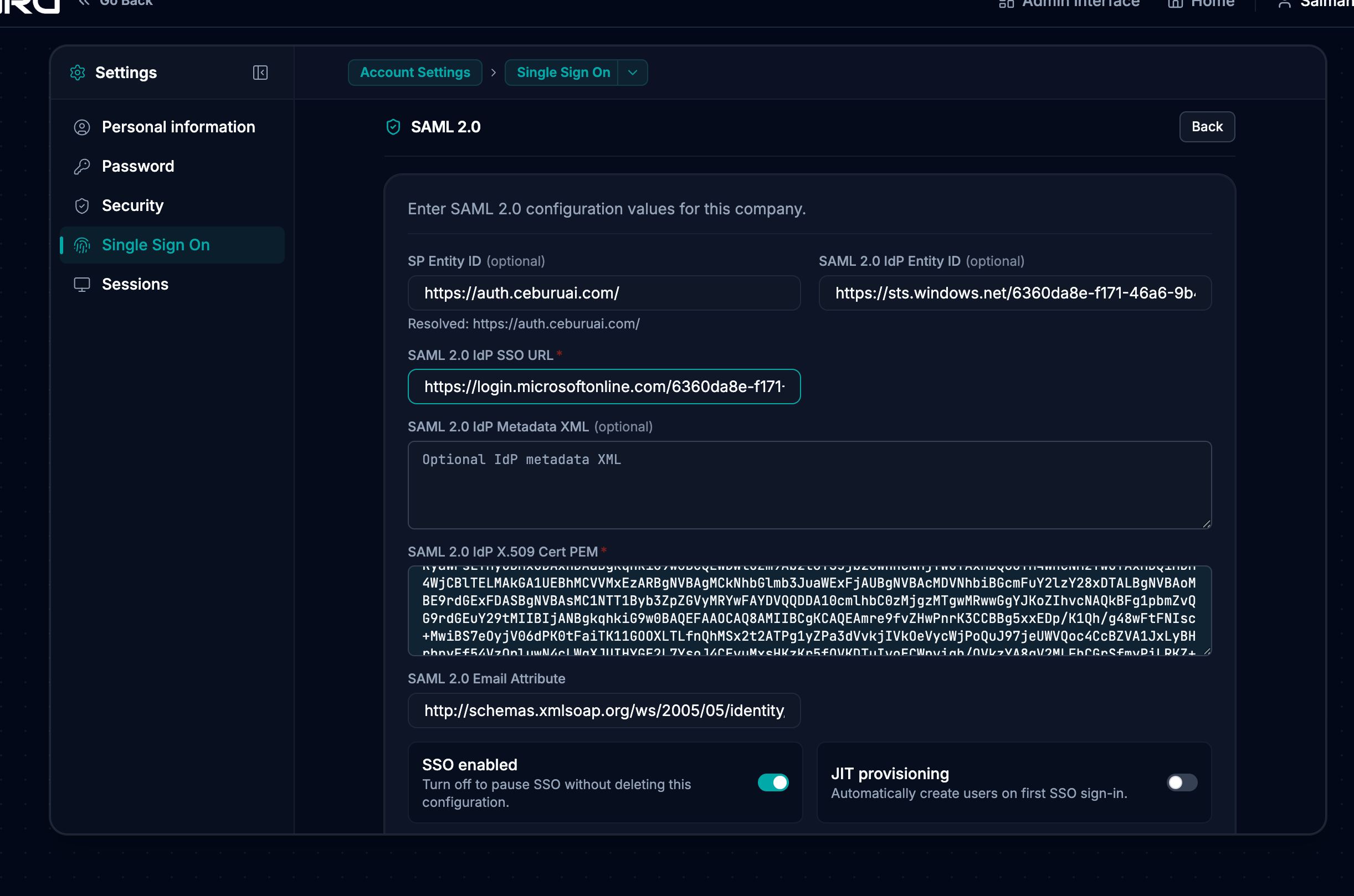 Ceburu SAML configuration for Entra ID
