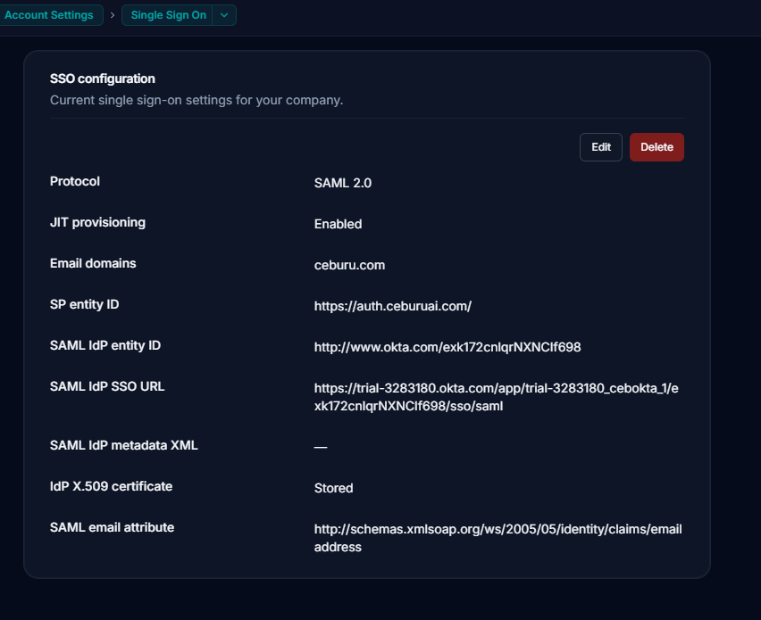 Ceburu SAML configuration form
