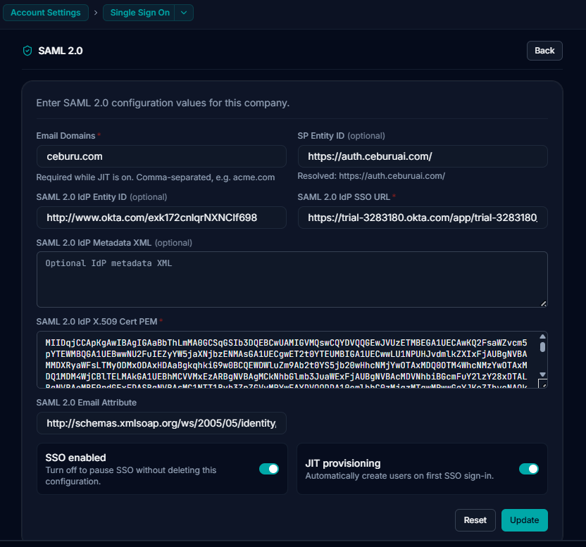 Saved Ceburu SAML configuration
