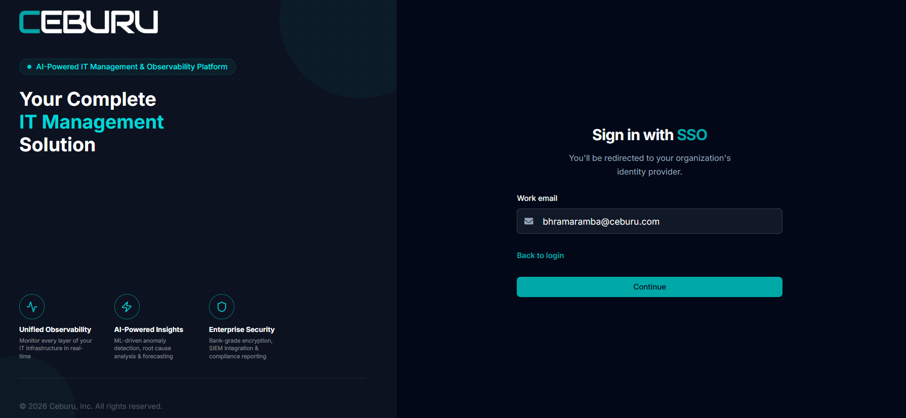 Ceburu login page with the SSO option