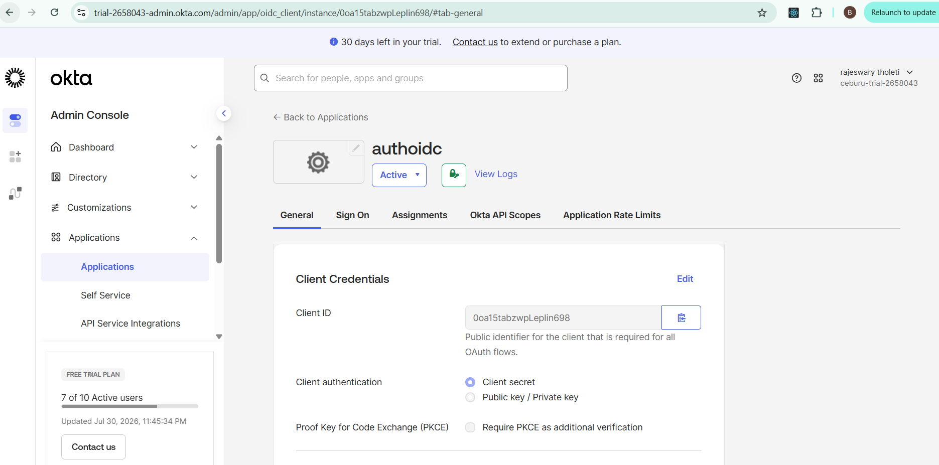 Okta OIDC application settings