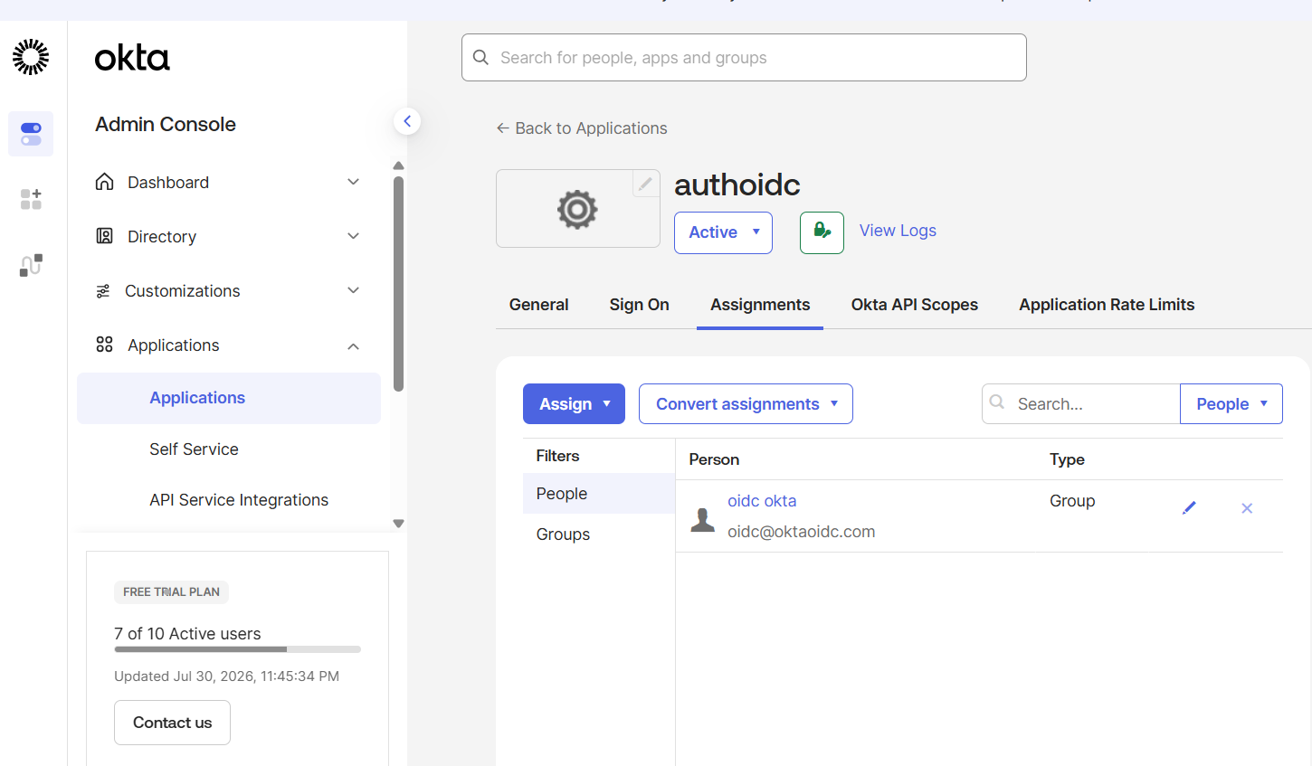 Assigning users to the Okta OIDC application