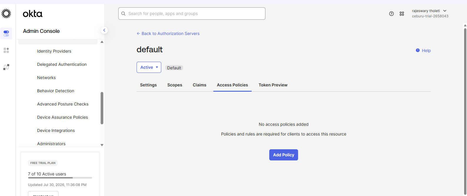 Okta authorization server access policies