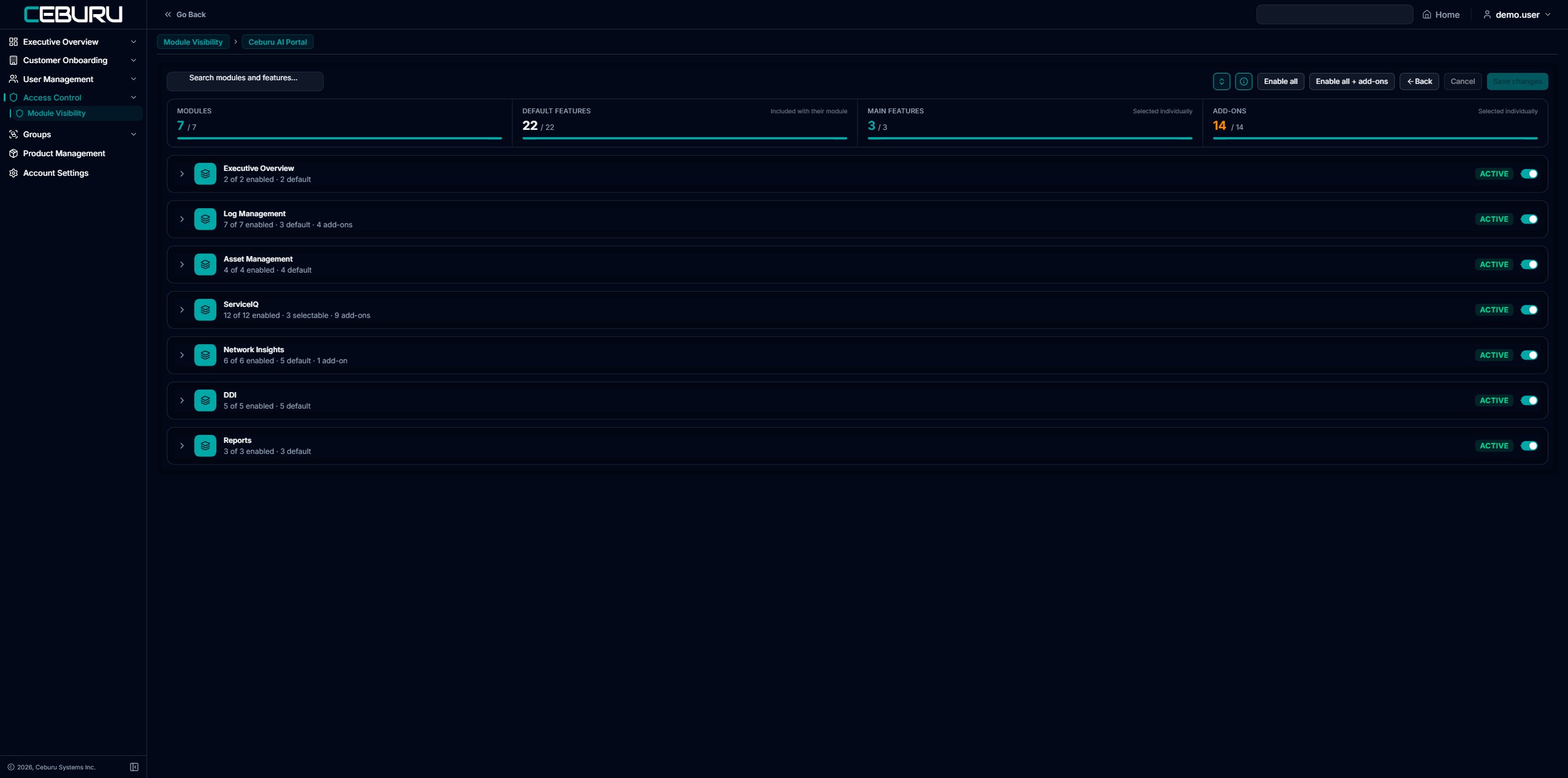 Portal screen with all modules collapsed