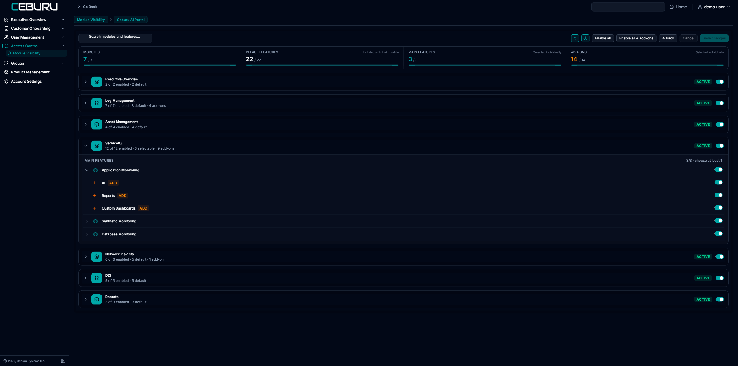 ServiceIQ expanded, showing main features