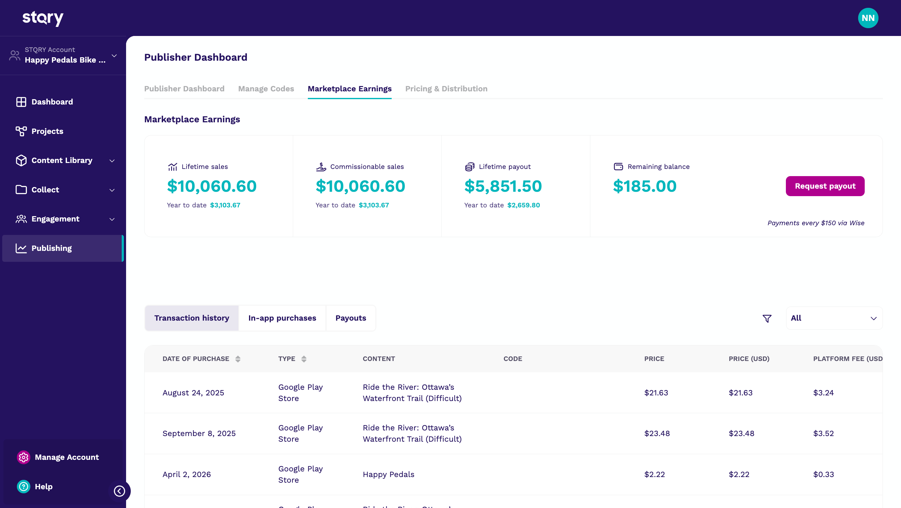 The Marketplace Earnings tab gives you a complete view of your sales performance and payouts.