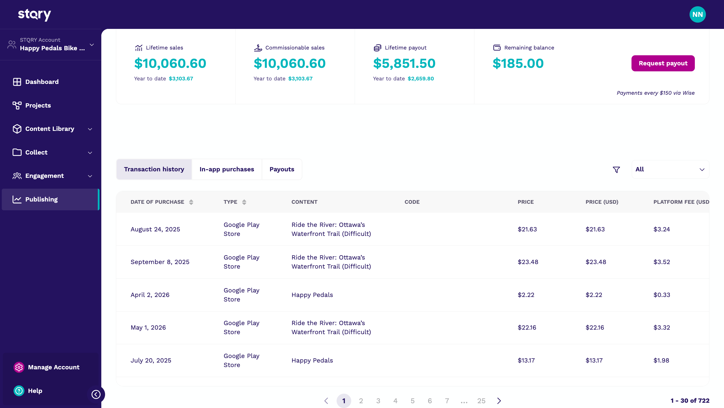 Marketplace Earnings Payouts tab showing payout date and amount