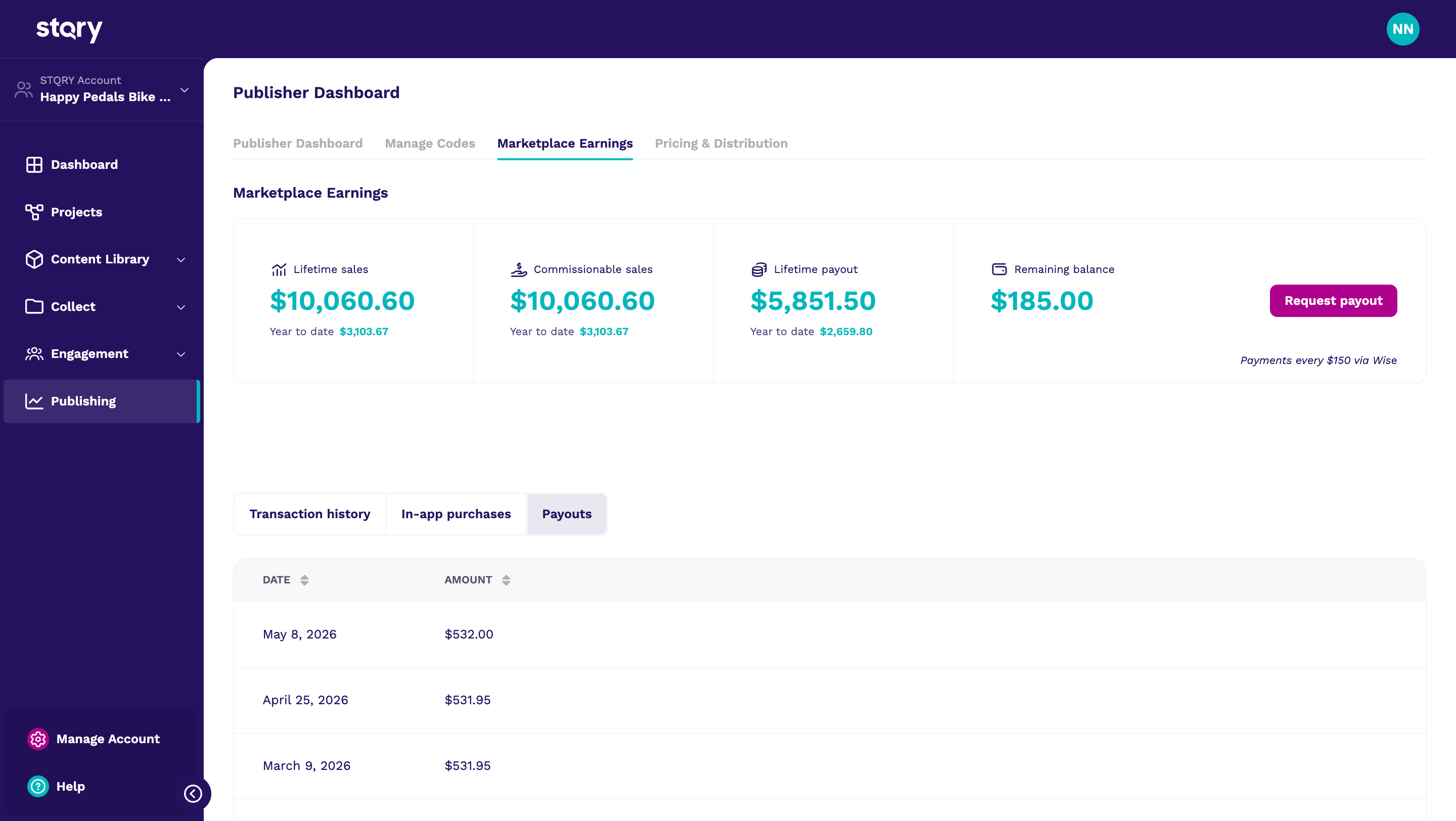 Marketplace Earnings Payouts tab showing payout date and amount