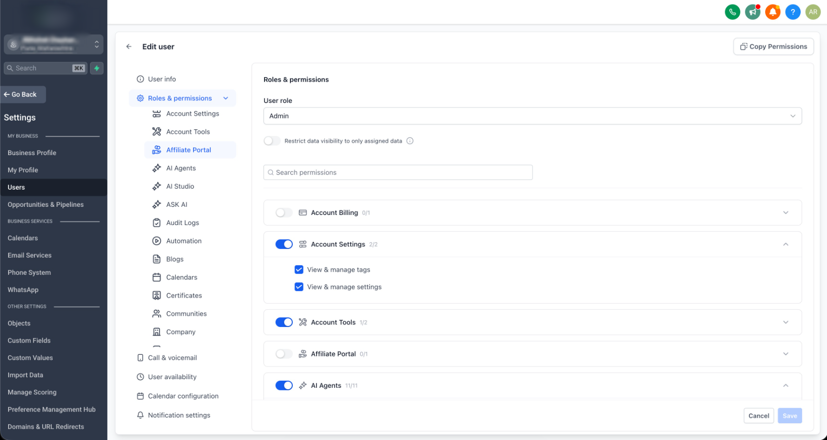 Subaccount permissions