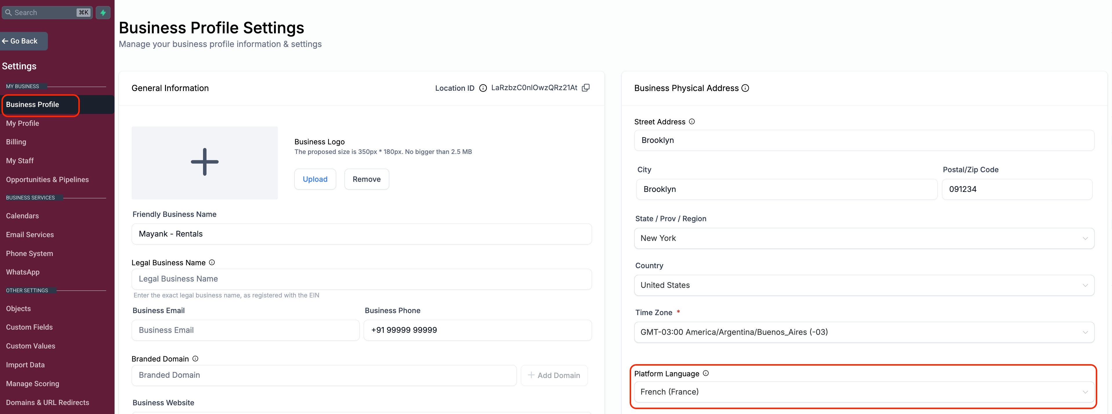 business profile settings