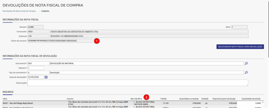 nota-com-xml.png Nota cadastrada com XML: chave de acesso (1) e item da NF-e (2) preenchidos automaticamente