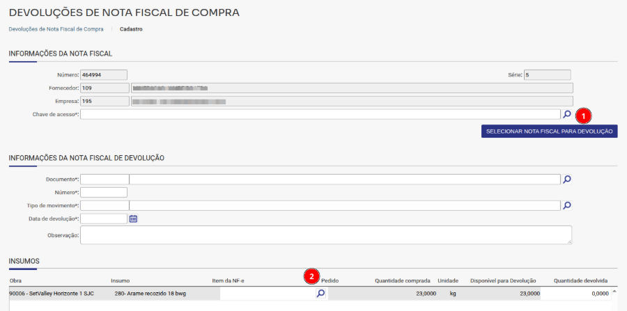 nota-sem-xml.png Nota cadastrada sem XML: lupa da chave de acesso (1) e lupa do item da NF-e (2)