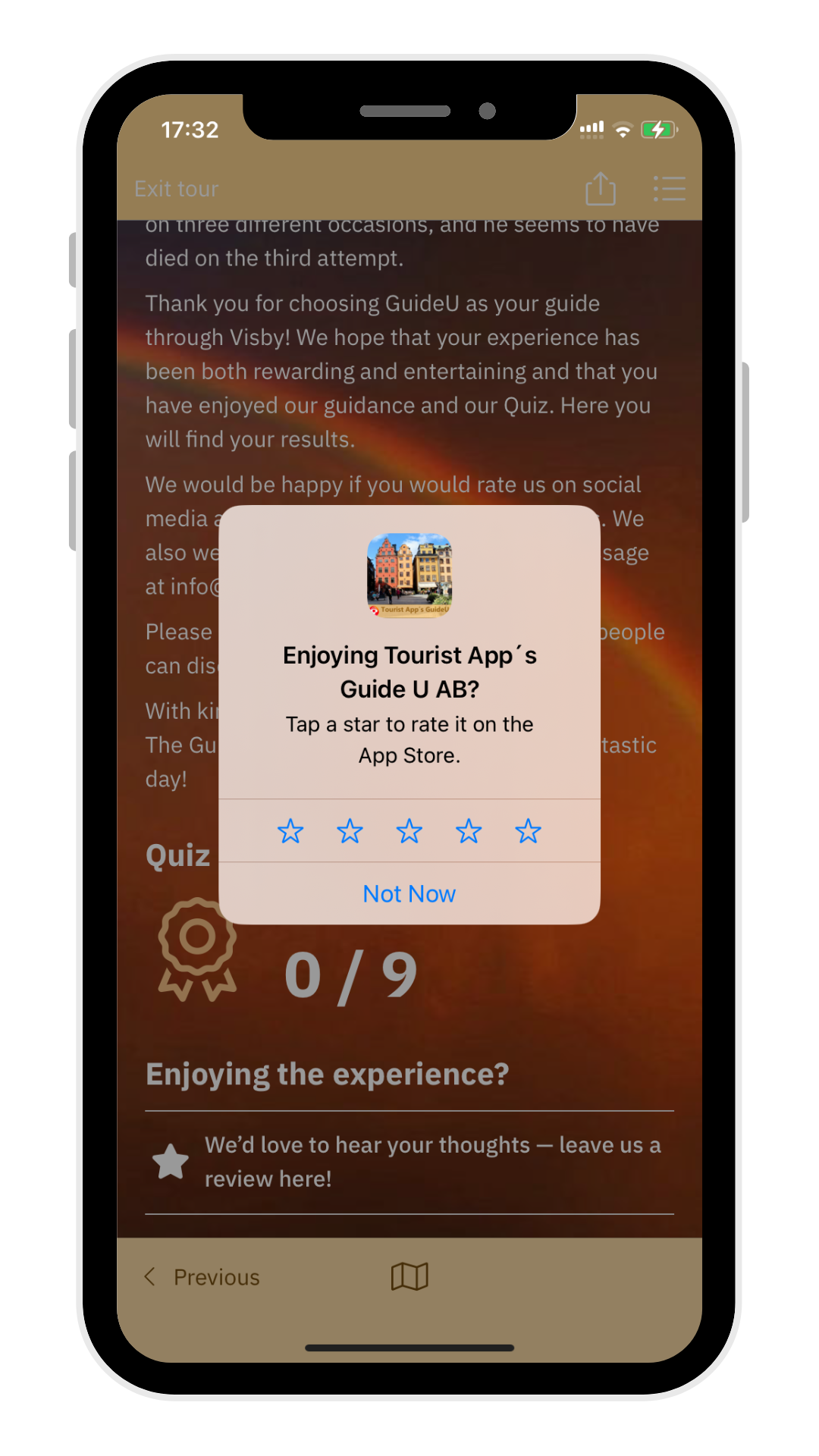 Screenshots from live STQRY apps showcasing the app rating feature