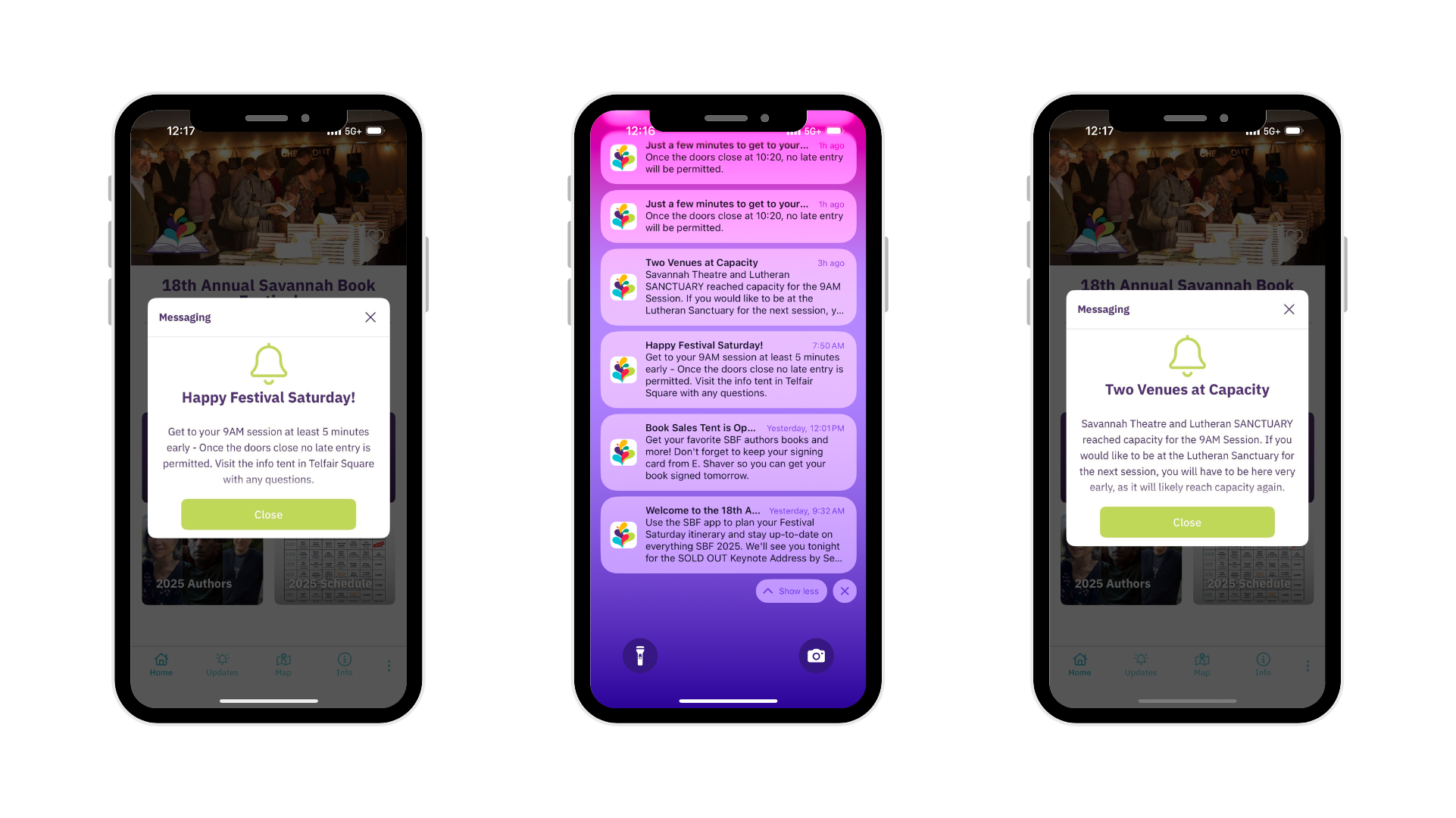 Screenshots from live STQRY apps showcasing the push notication feature