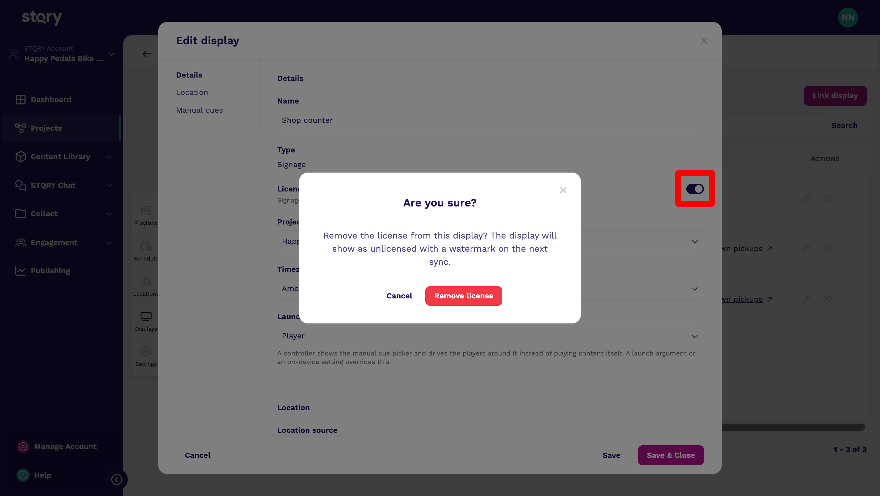 Screenshot showing the option Remove License to free up the license.