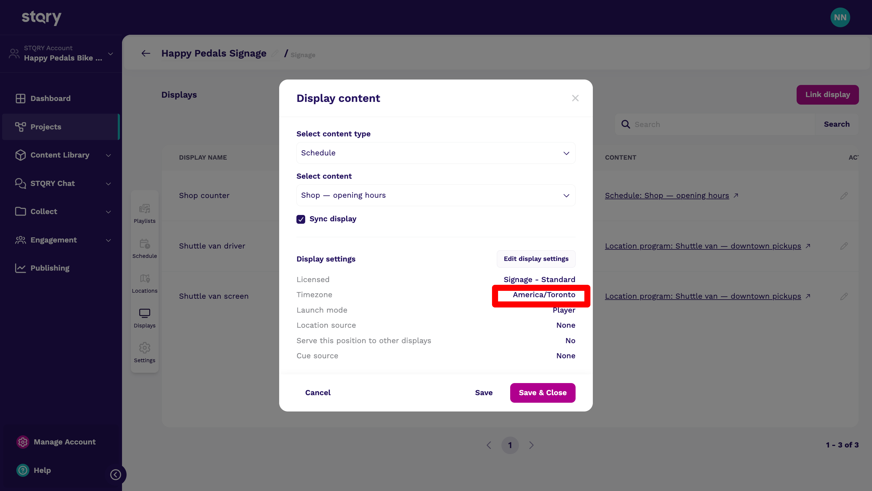 The timezone setting on a display record in Builder — update this before setting up a schedule.