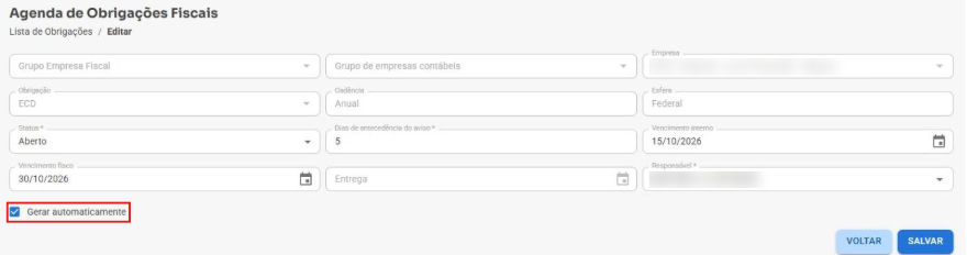 Agendamento salvo com a opção Gerar automaticamente marcada