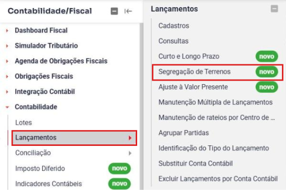 Menu Contabilidade, Lançamentos, Segregação de Terrenos