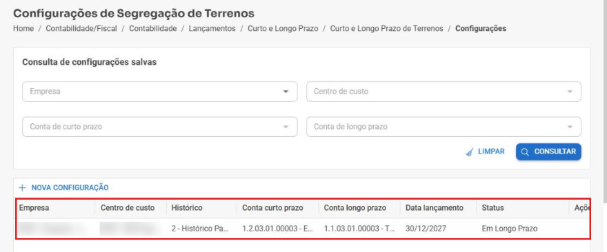 Configurações de Segregação de Terrenos com empresa, centro de custo, contas, data de lançamento e status