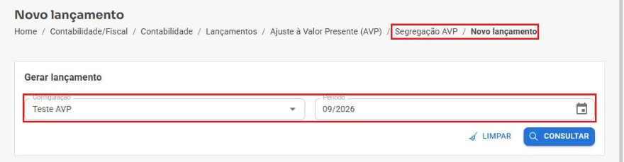 Tela Novo lançamento da Segregação AVP com configuração e período preenchidos