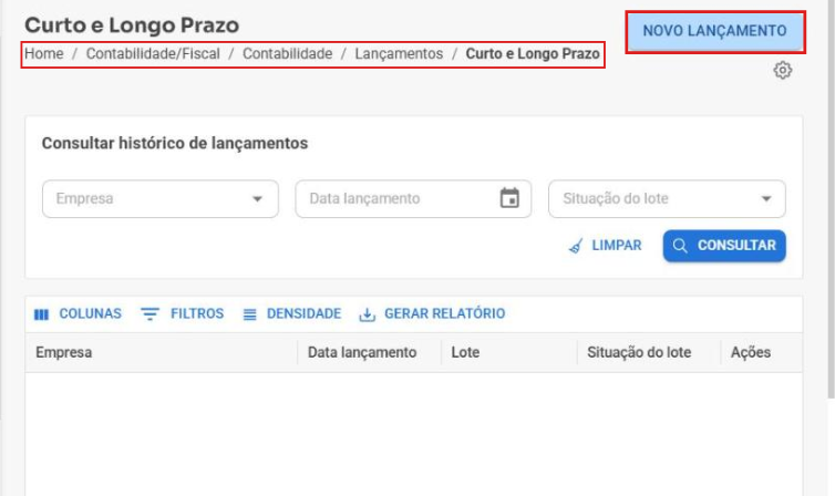 Tela Curto e Longo Prazo com o histórico de lançamentos e o botão Novo lançamento