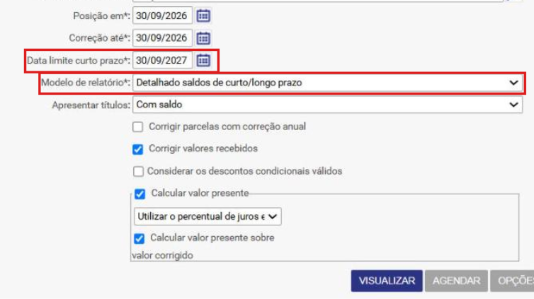 Relatório de Posição de Saldos com o modelo Detalhado saldos de curto/longo prazo e a data limite do curto prazo