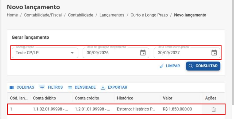 Prévia do Novo lançamento com o estorno entre Curto e Longo Prazo