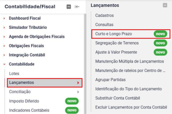 Menu Contabilidade, Lançamentos, Curto e Longo Prazo
