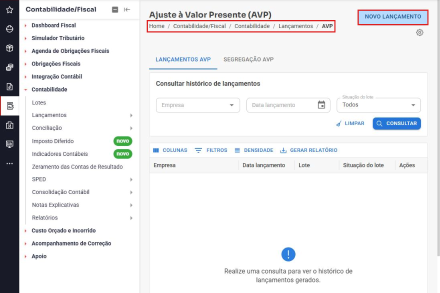 Tela Ajuste à Valor Presente (AVP) com o botão Novo lançamento