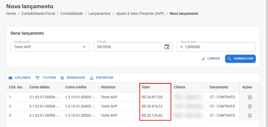 Prévia da AVP com os valores calculados por cliente e documento
