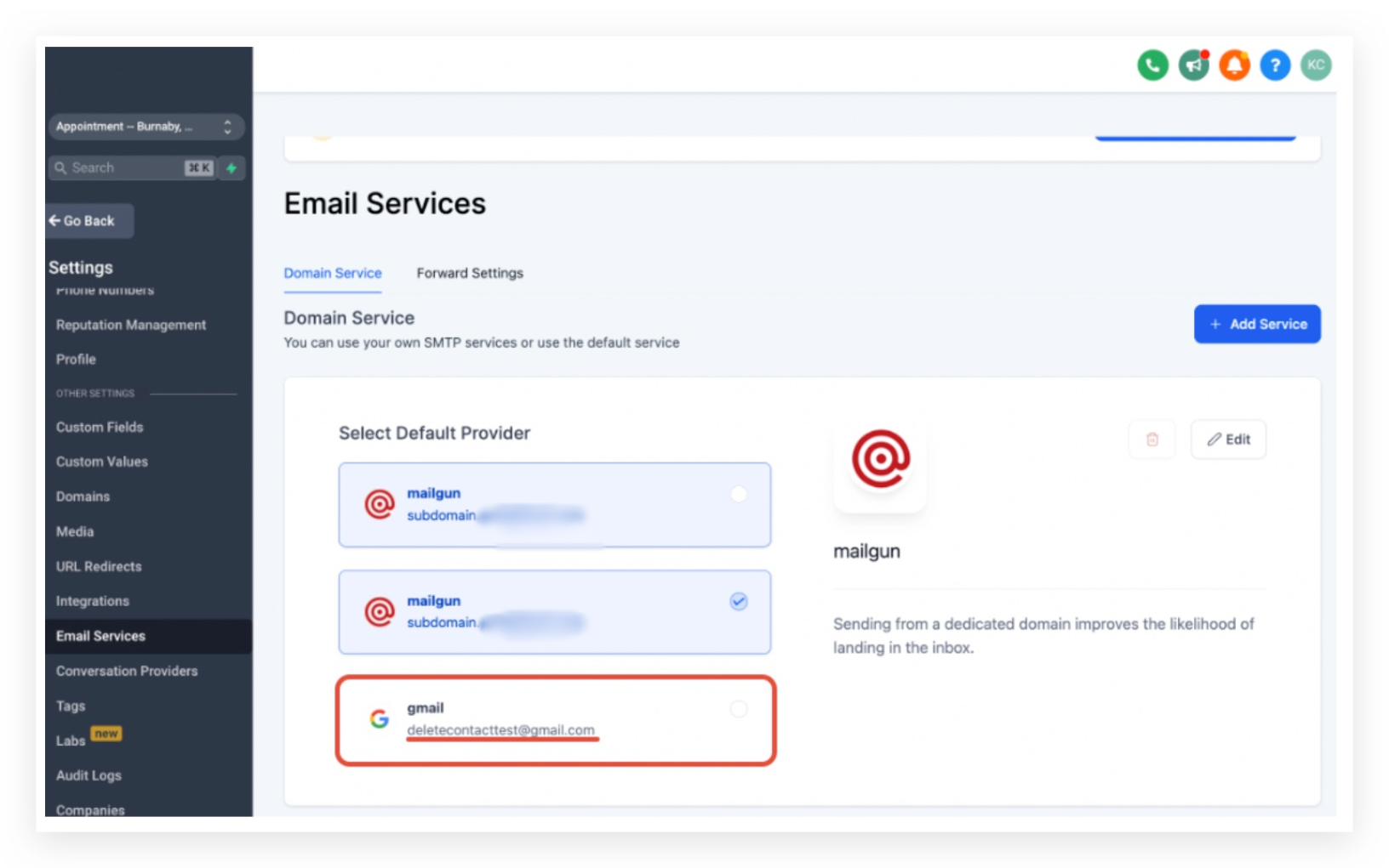SMTP sender email in Email Services settings