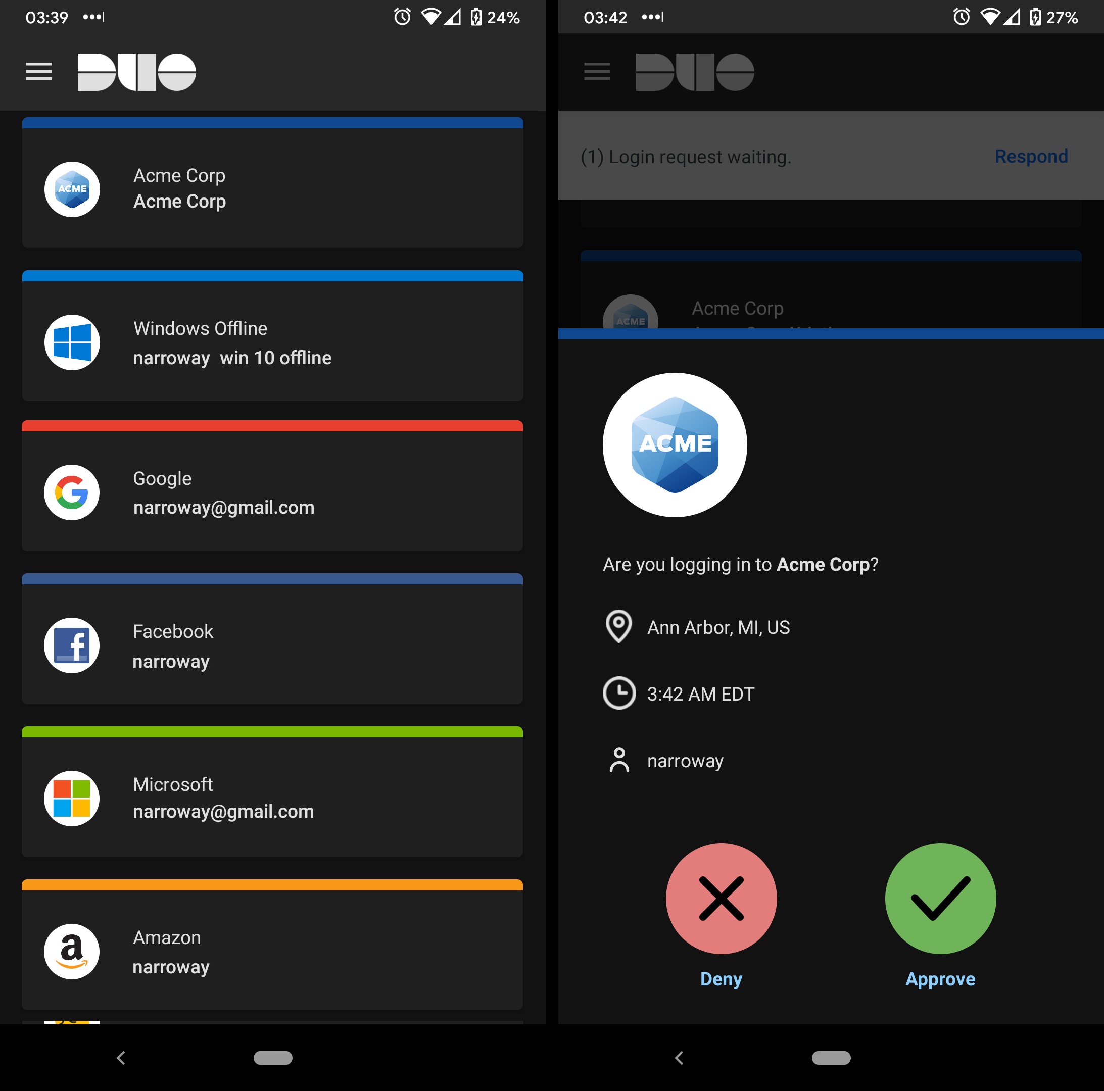 Duo Mobile Dark Theme Screens