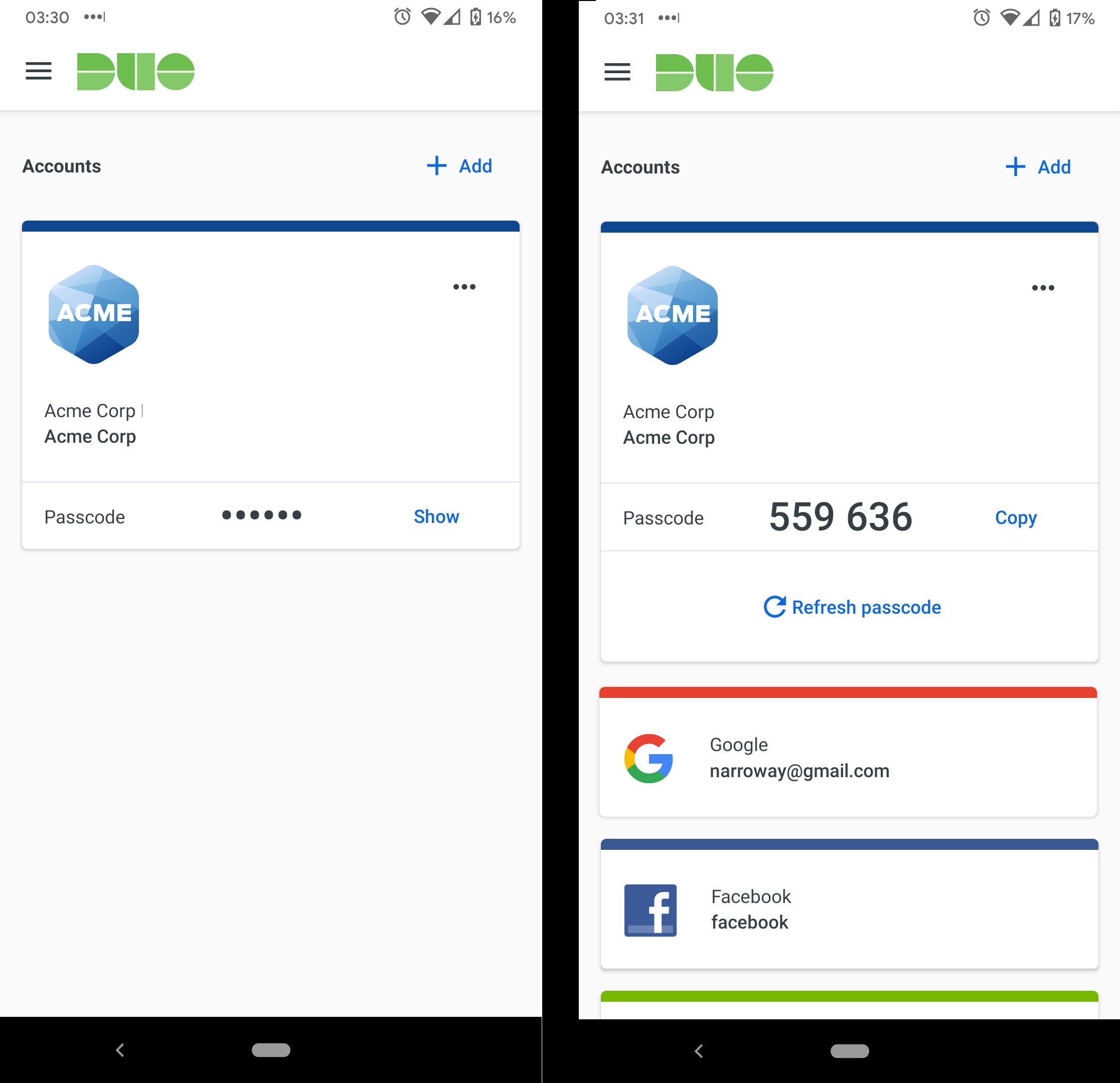 Standard and Compact Duo Mobile Account Views