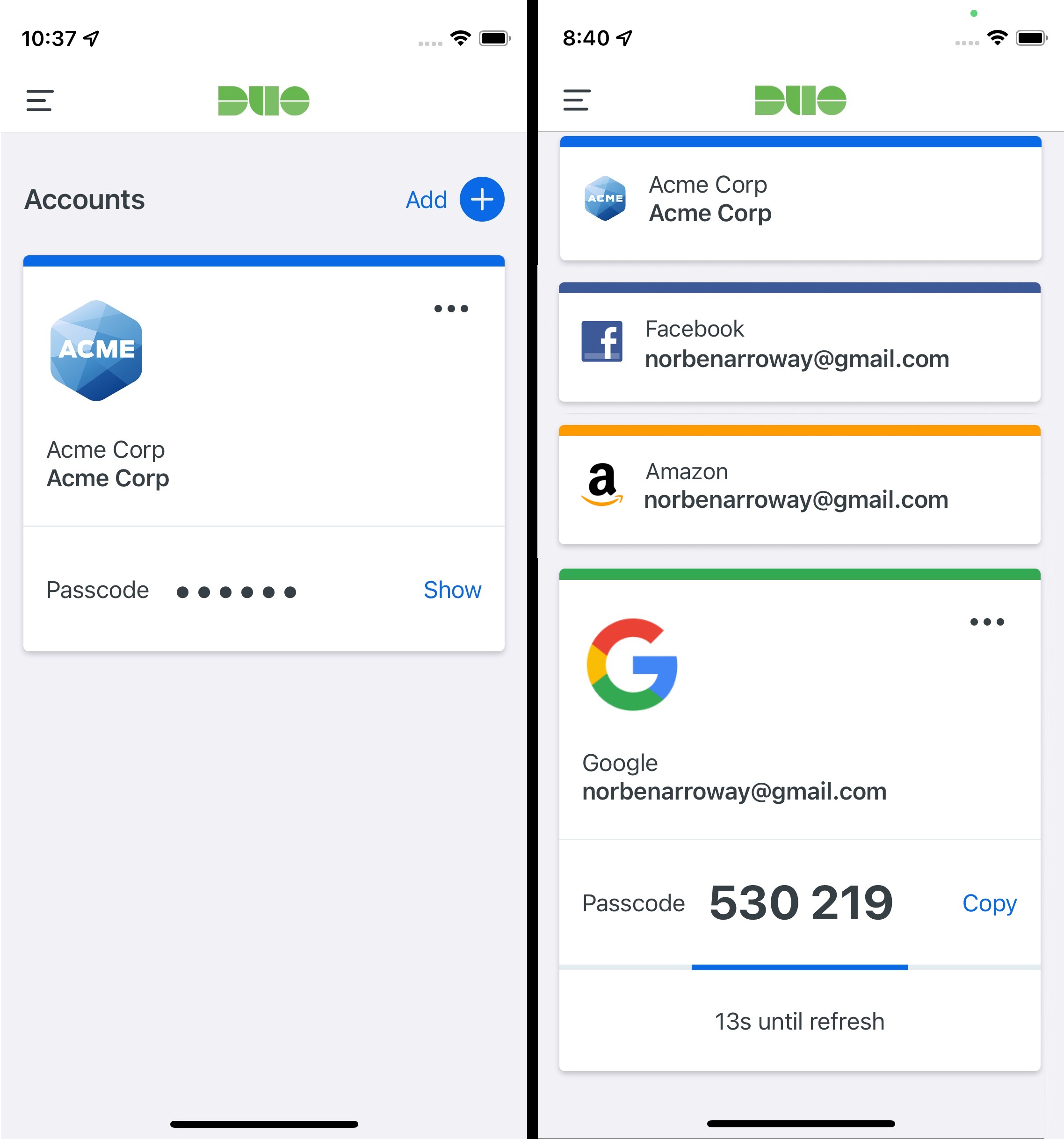 Standard and Compact Duo Mobile Account Views