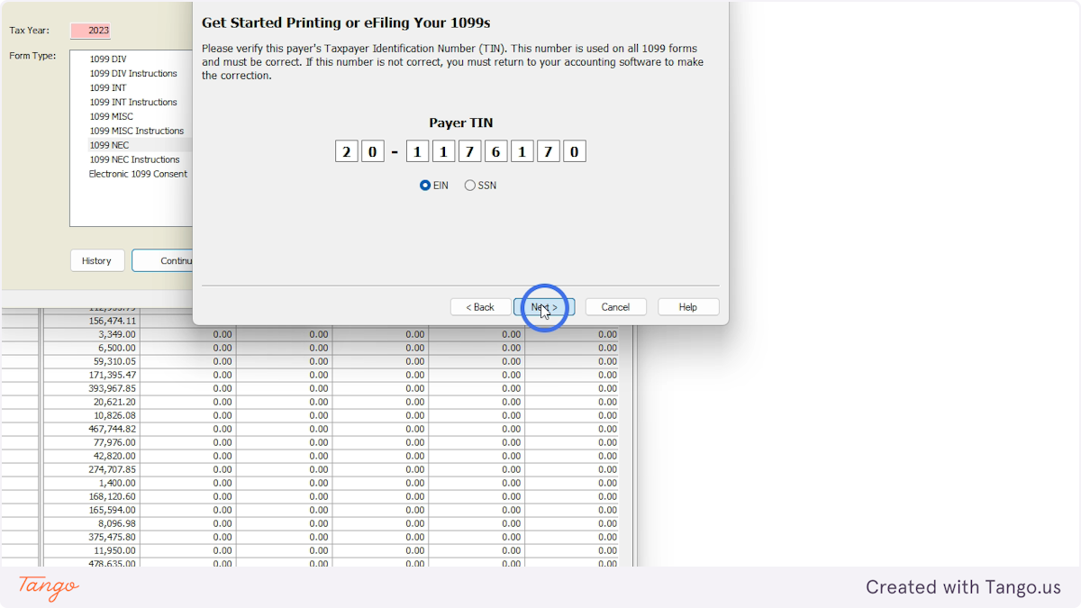 Double check that the TIN for the paying company is right Then click Next