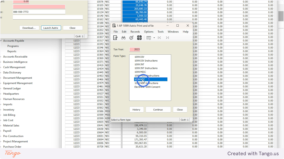 Select the type of form you want to process (NEC in this case)