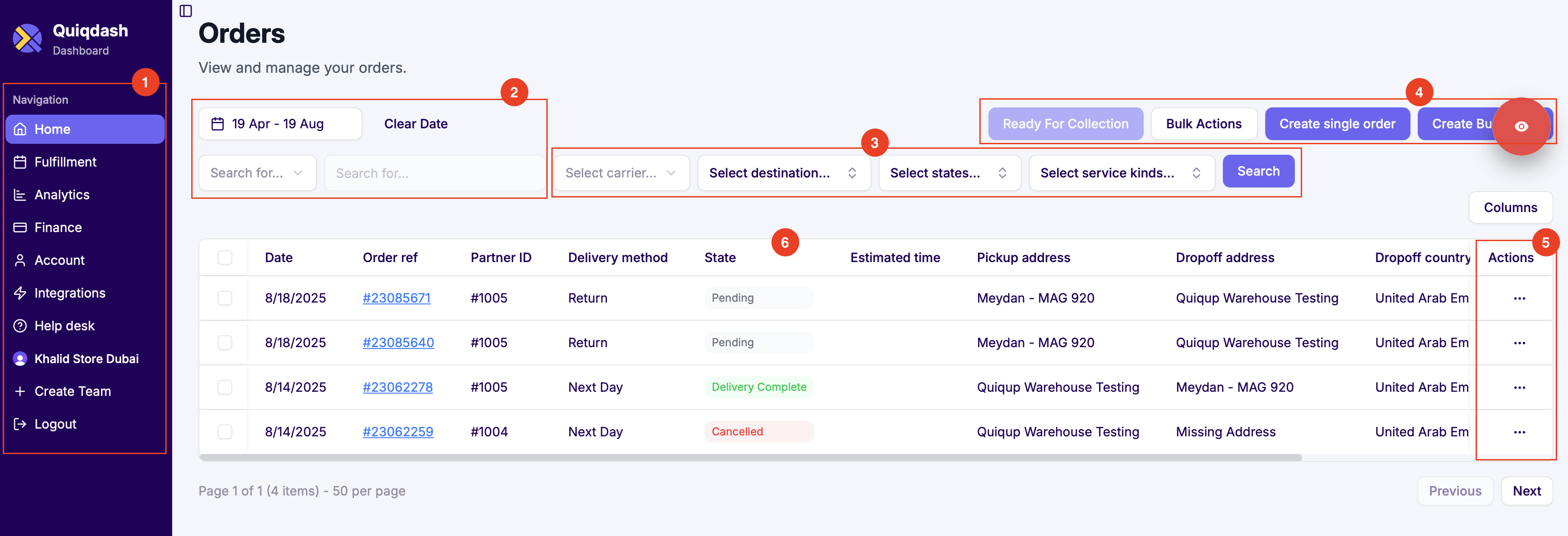 Quiqdash Orders workspace overview with sidebar, search, filters, actions, and table