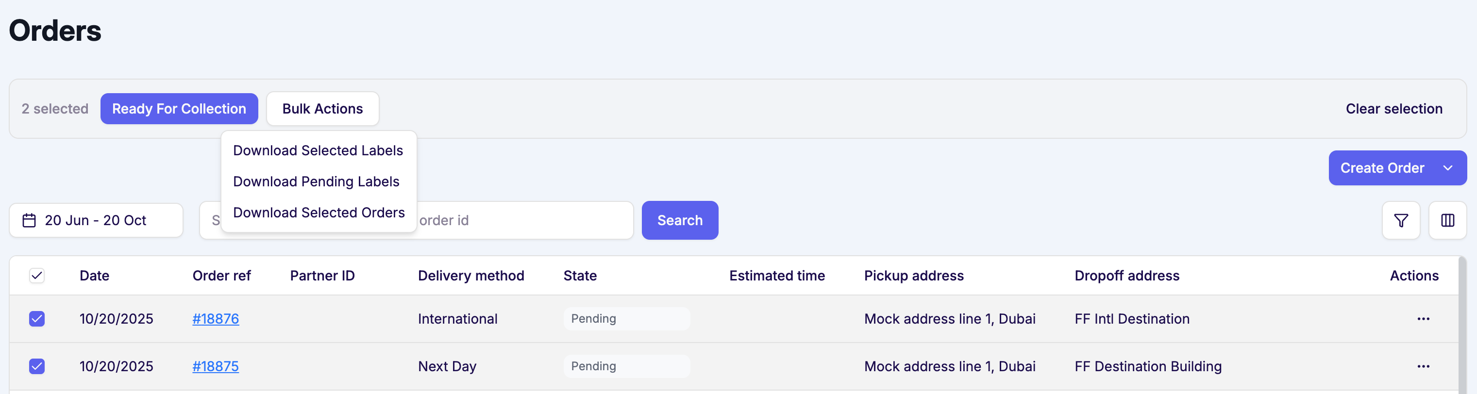 Top action bar with Ready for Collection and Bulk Actions