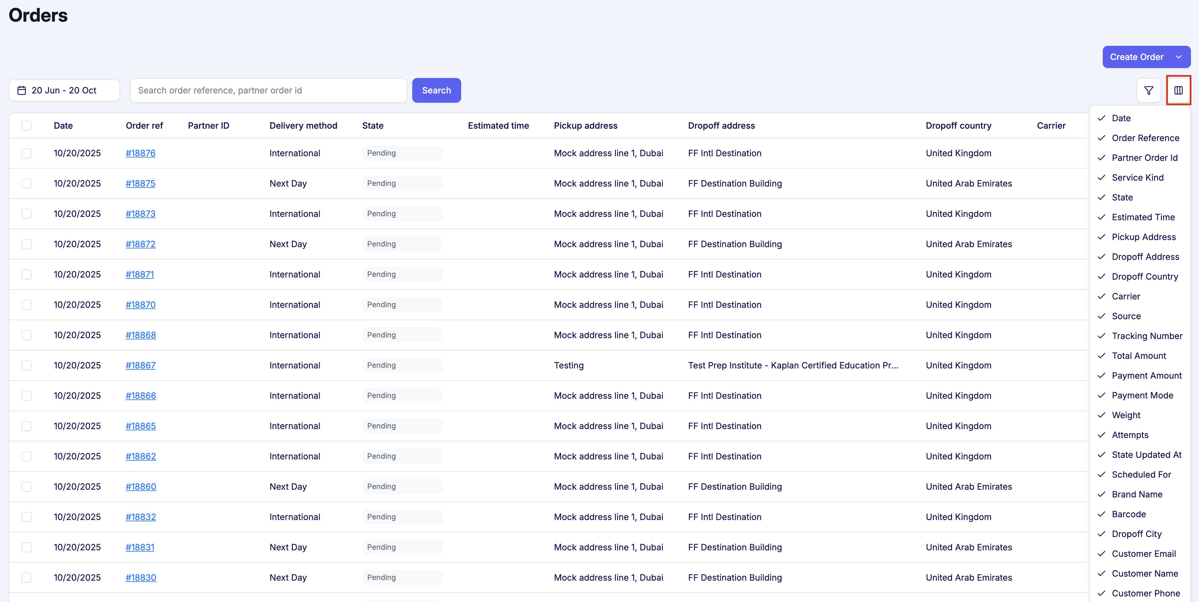 Customize columns on the orders table