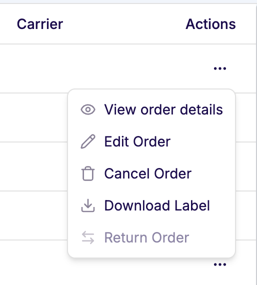 Per-order actions menu