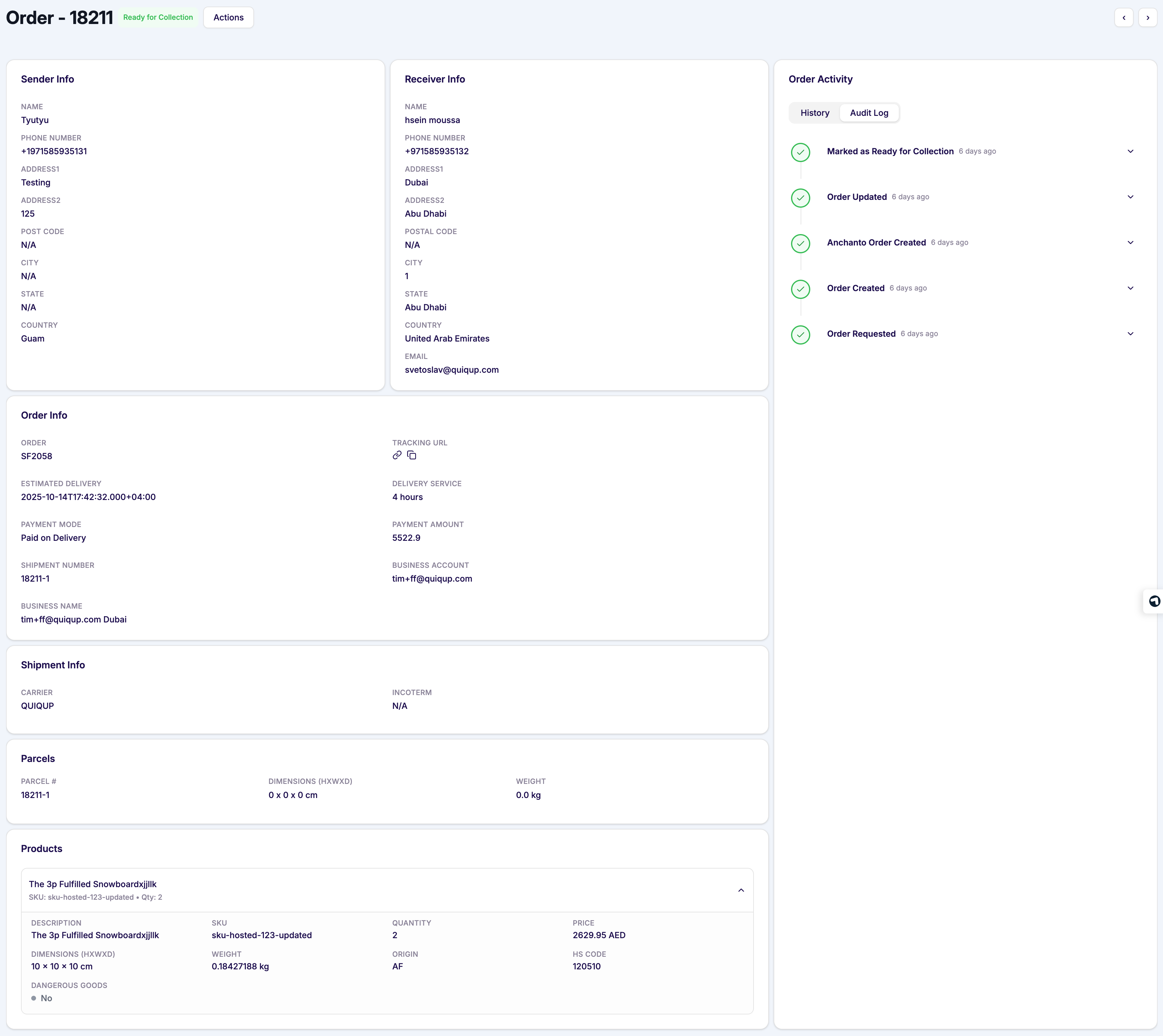 Order details page overview highlighting the main sections
