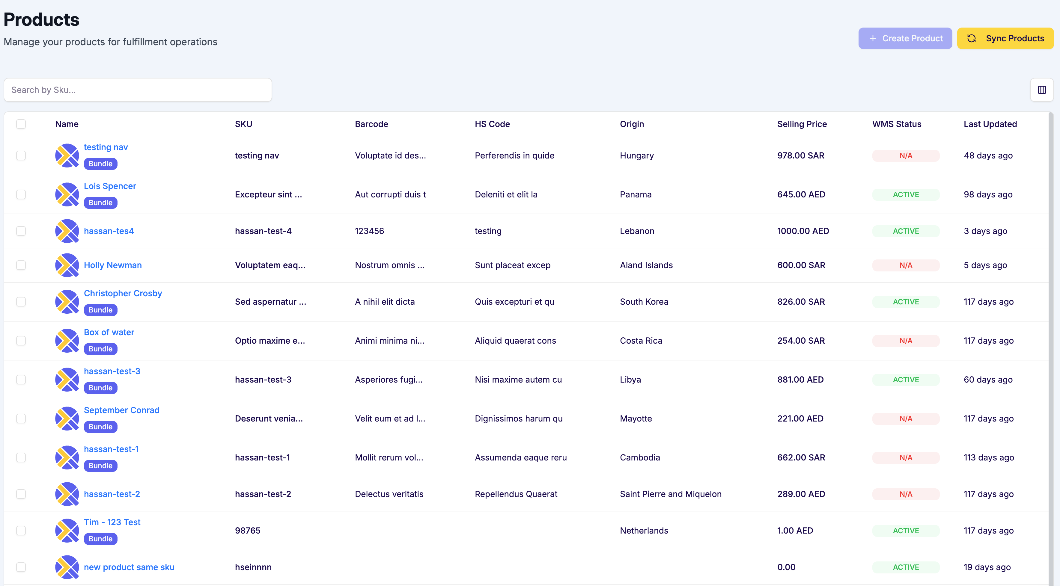 Products list with sync and status