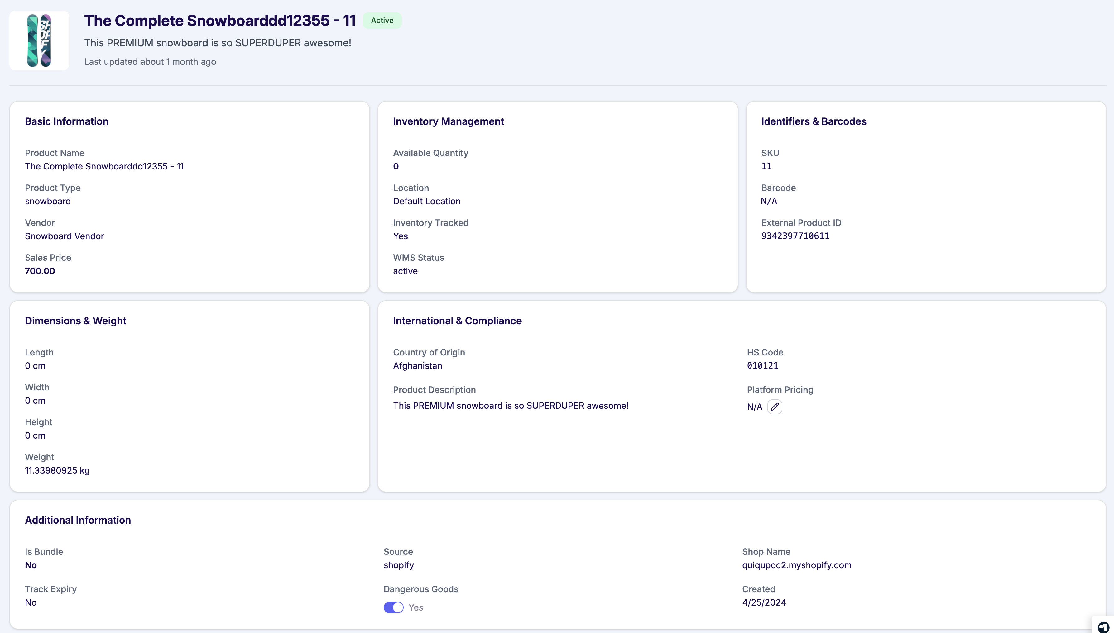 Product details panel with metadata